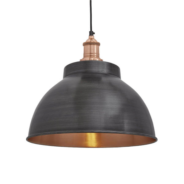Industville Brooklyn 13 inch pewter and copper dome pendant with copper holder on white background