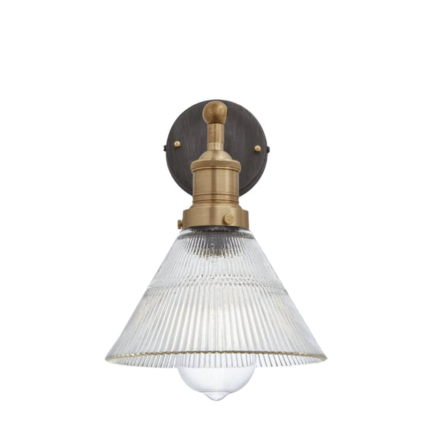 Industville Brooklyn glass funnel wall light with brass holder on white background
