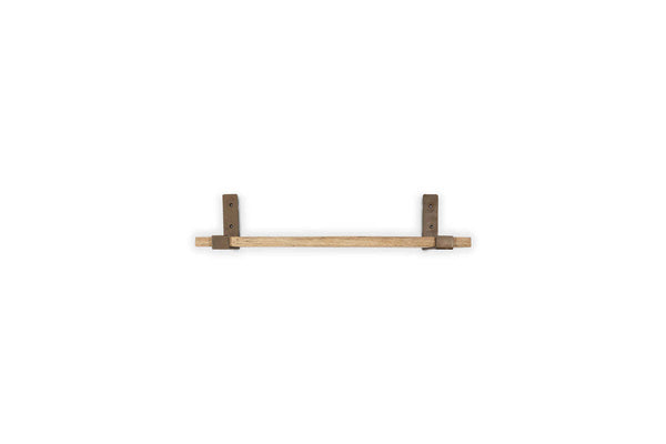 Nkuku Ibo small reclaimed wood and iron shelf, front view on white background