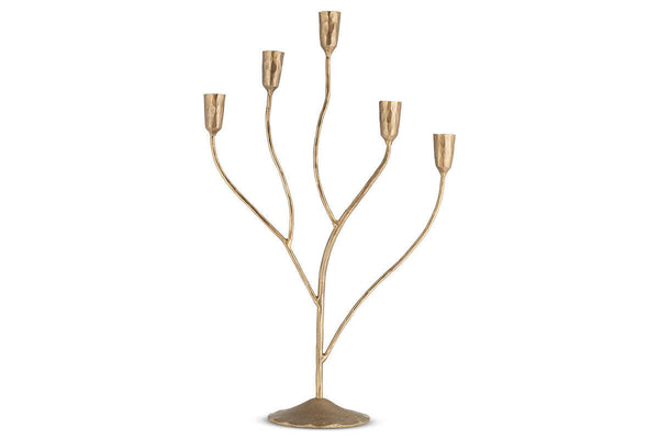Nkuku Palani large antique brass statement candelabra on white background