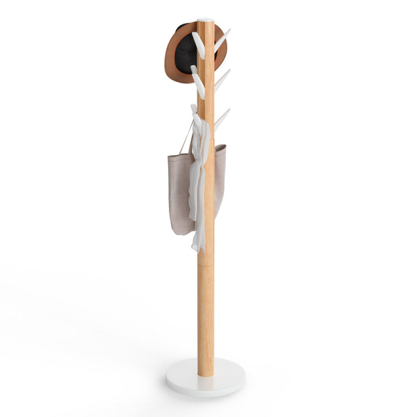 Umbra Flapper freestanding coat rack in white and natural wood with hat and bag on flip-down hooks
