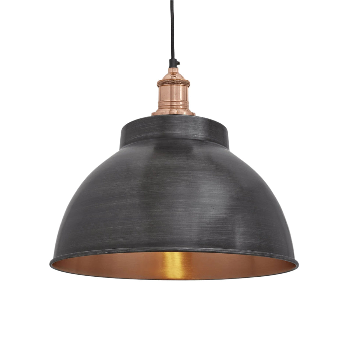Industville Brooklyn 13 inch pewter and copper dome pendant with copper holder on white background