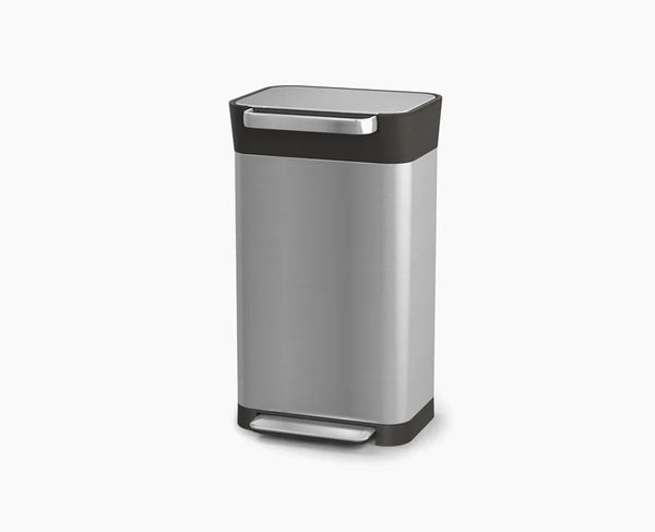 Joseph Joseph Titan 30L stainless-steel trash compactor, front view on neutral background