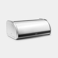 Roll Top Bread Bin matt steel viewed at an angle with lid closed