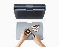 Folio storage case standing on a kitchen counter