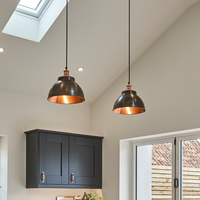Brooklyn pewter and copper dome pendants with copper holders over a kitchen island