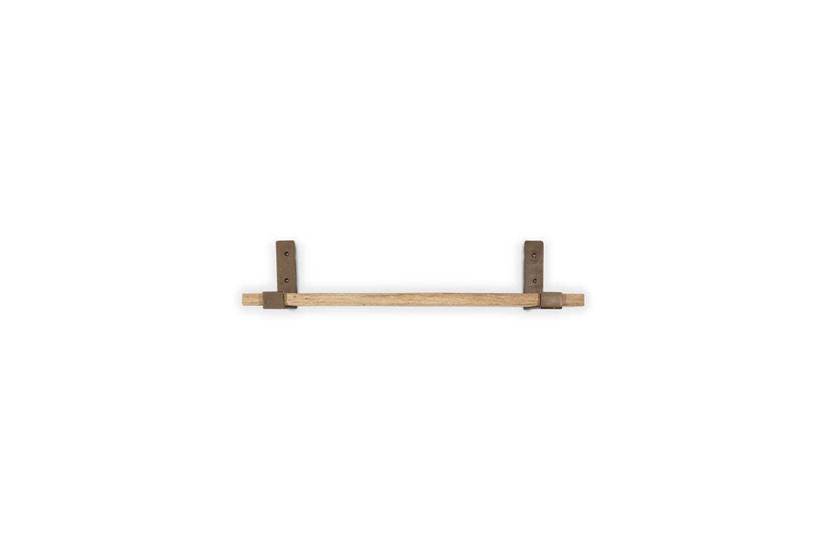 Nkuku Ibo small reclaimed wood and iron shelf, front view on white background