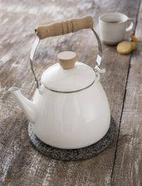 Garden Trading enamel kettle on a kitchen hob