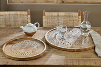 Namuna mango wood trays styled on a dining table with teapot and glassware