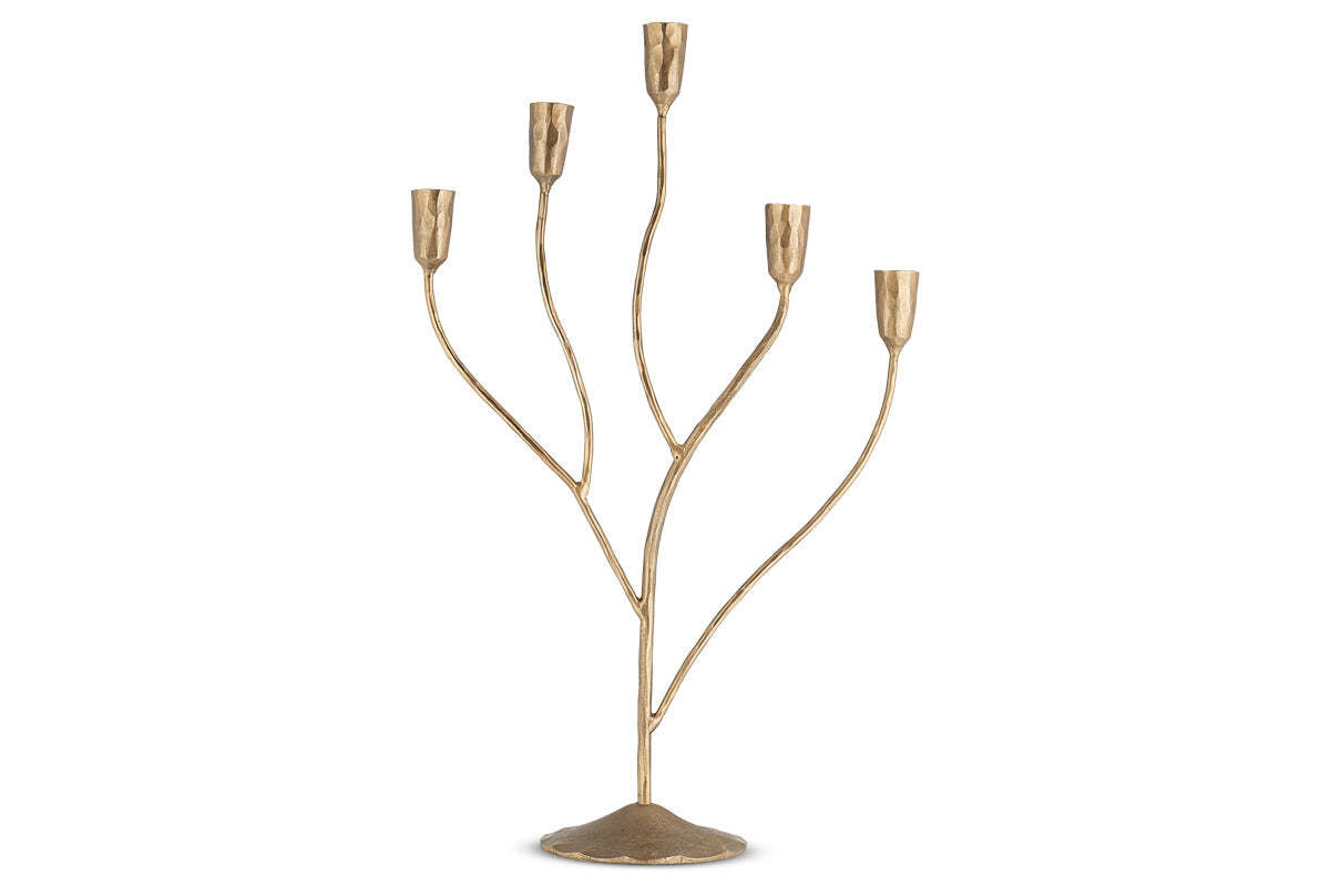 Nkuku Palani large antique brass statement candelabra on white background