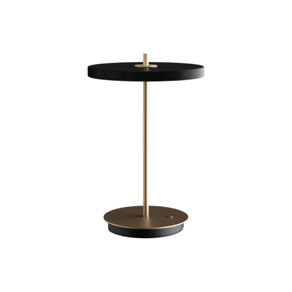 UMAGE Asteria Move portable lamp in black with brass stem on white background