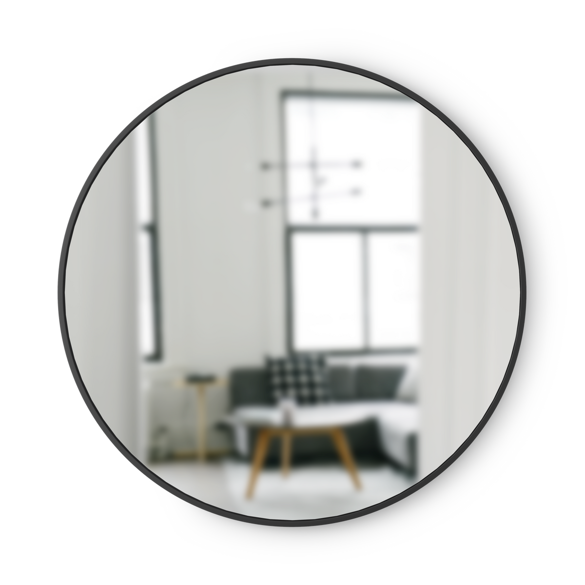Umbra Hub round wall mirror with black rubber frame, 94 cm, front view