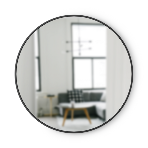 Umbra Hub round wall mirror with black rubber frame, 94 cm, front view