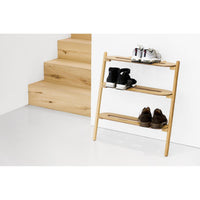 Wireworks Heel Bar oak shoe rack styled with several pairs of shoes