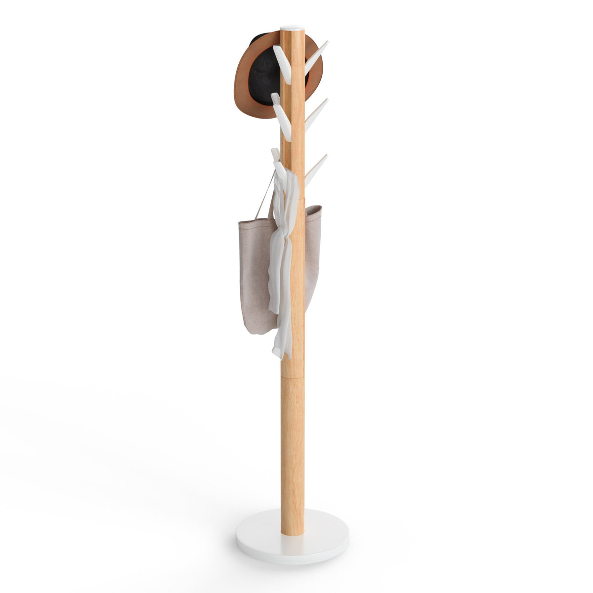Umbra Flapper freestanding coat rack in white and natural wood with hat and bag on flip-down hooks